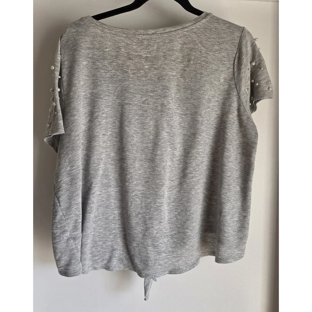 C T-Shirt Women XL Grey Round Neck Pearl Short Sleeve Casual Top Tee Front Tie